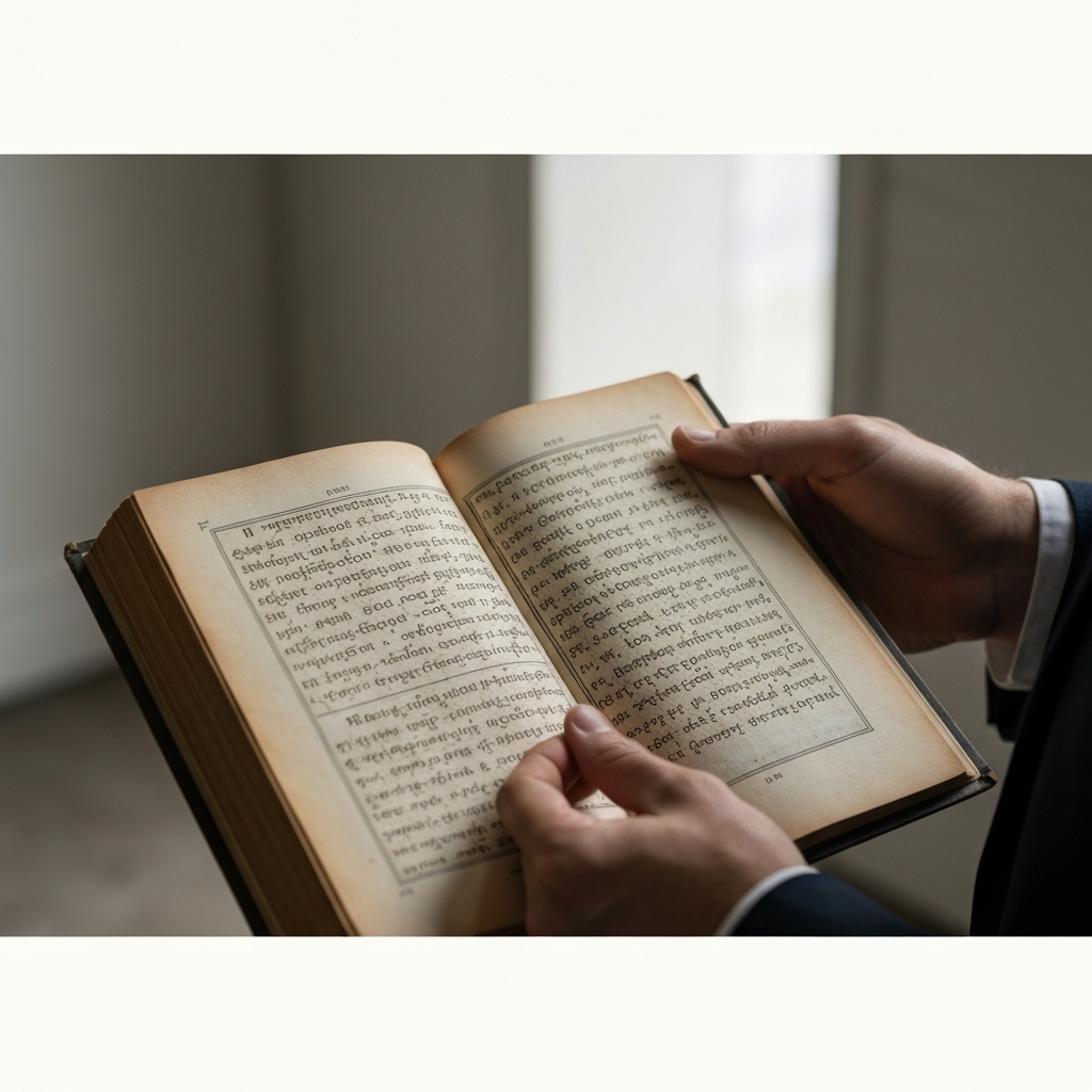 A close-up shot of a person's hands holding an ancient-looking book. The book is open, revealing faded text written in a foreign language. The lighting is soft and natural, highlighting the texture of the paper and the intricate details of the script. Shallow depth of field.