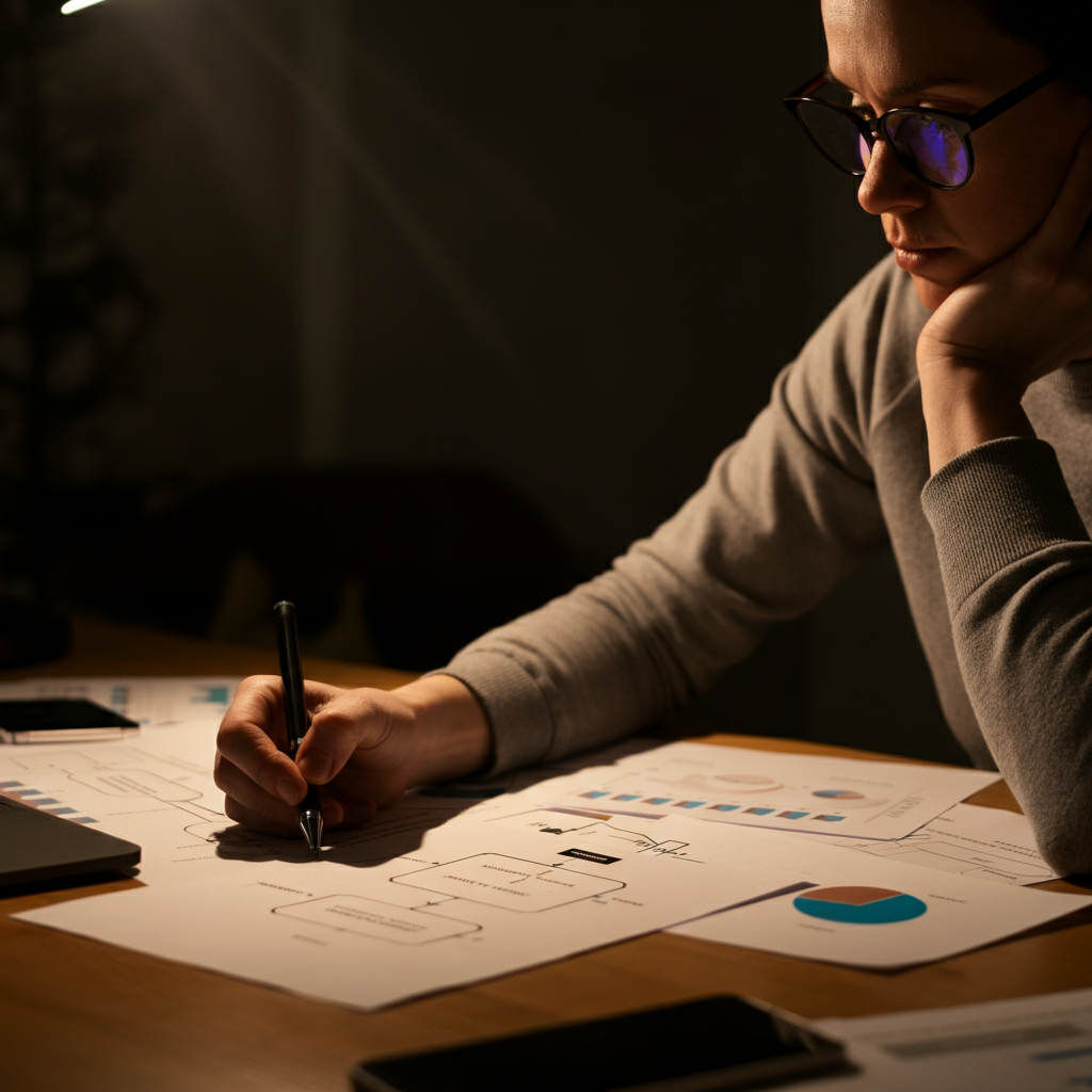 A person is sitting at a desk covered in papers with diagrams and flowcharts. They are using a pen to connect different ideas and concepts. The lighting is bright and focused, emphasizing the intellectual activity taking place. The person is wearing glasses and has a thoughtful expression on their face.