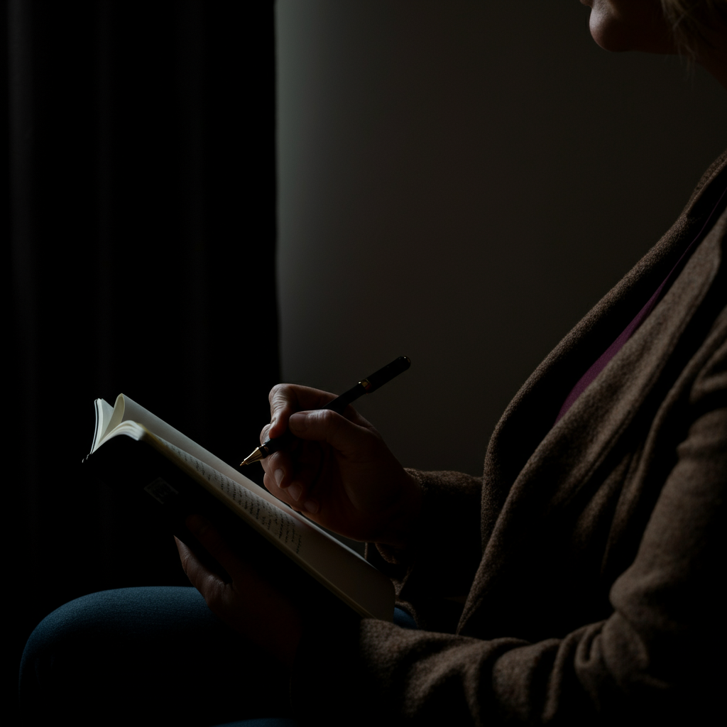 A person is sitting alone in a quiet room, journaling. The lighting is soft and diffused, creating a sense of introspection and reflection. The person is holding a pen and looking thoughtfully at the page. The scene conveys a sense of self-awareness and inner contemplation.