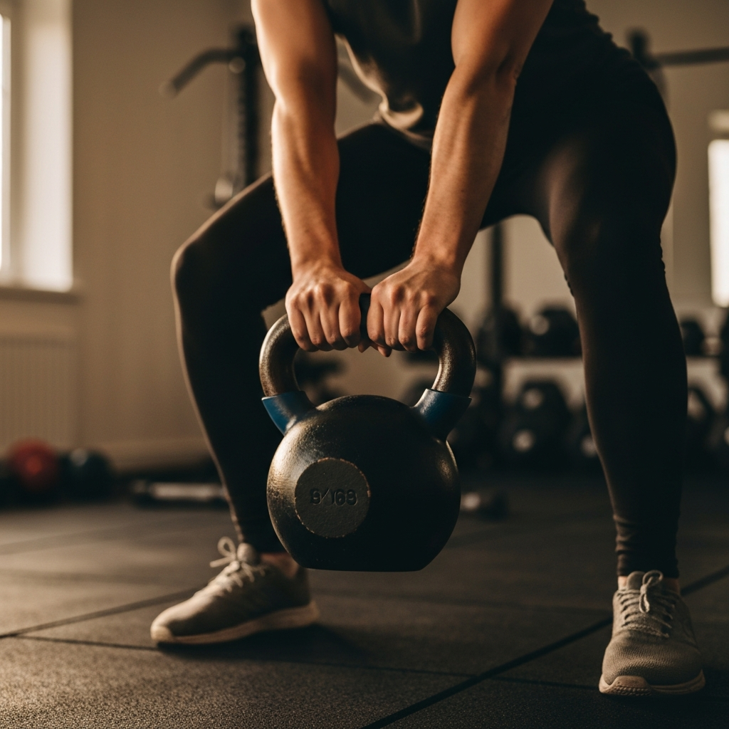 A person performing a kettlebell swing in a home gym. The lighting is focused on the kettlebell, highlighting its texture and the person's grip. The background is blurred, creating a sense of depth.