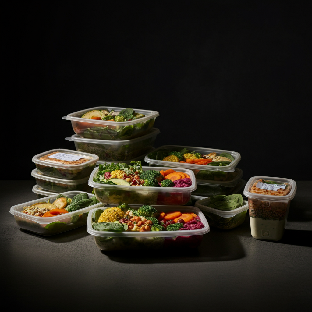 A kitchen counter with several pre-portioned containers filled with healthy meals. The lighting is bright and clean, highlighting the vibrant colors of the food. There are labels on the containers indicating the contents and date.