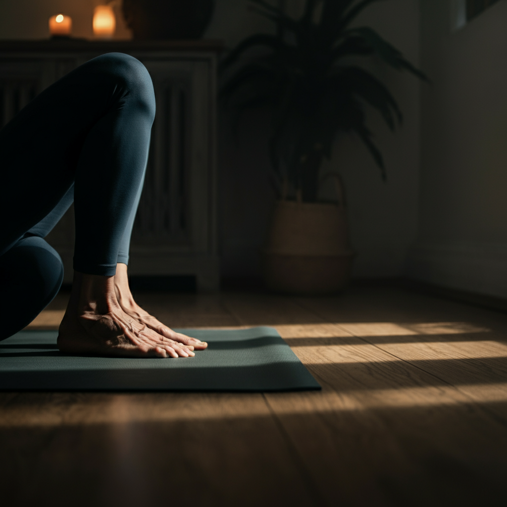 A person performing a yoga pose in a peaceful room. Soft, diffused light filters through a window, creating a calming atmosphere. The focus is on the person's posture and the serenity of the environment.