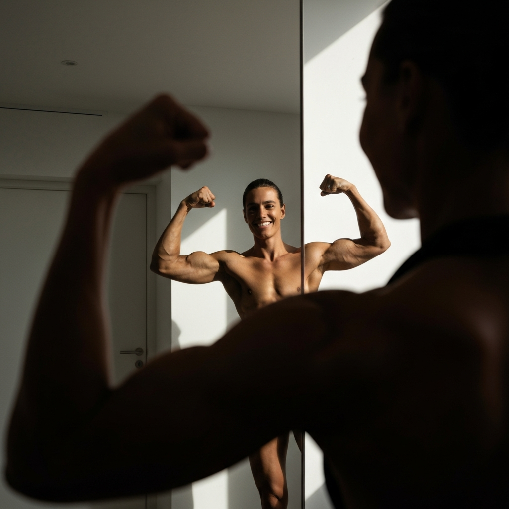 A person looking in a mirror, flexing their muscles. The lighting is dramatic, highlighting their muscle definition. They are smiling confidently.