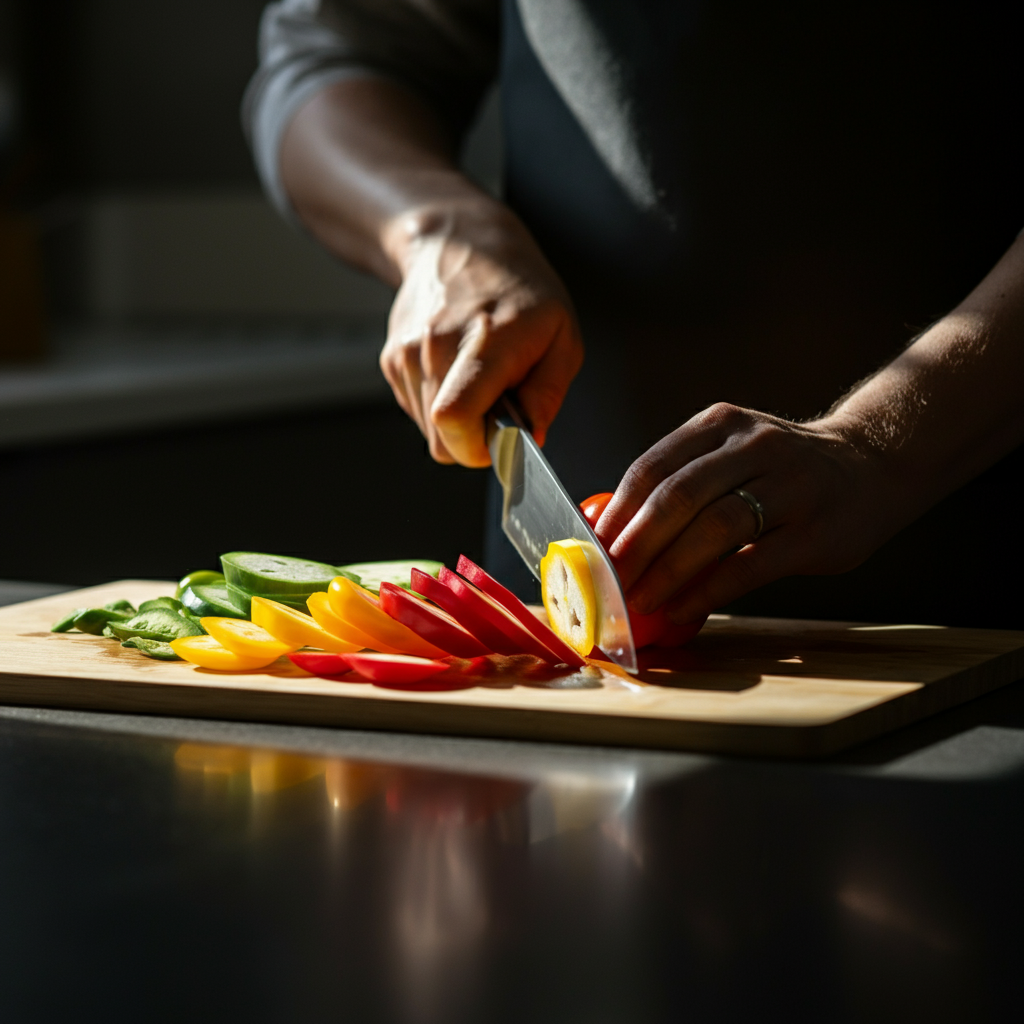 Close-up of colorful vegetables being chopped on a wooden cutting board. Sunlight streams through a nearby window, illuminating the textures of the produce. A chef's knife is mid-chop, creating a dynamic composition.