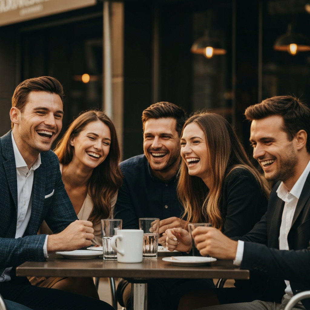 A group of friends laughing together at an outdoor cafe. The scene is shot during golden hour, with warm light highlighting their faces. The composition is candid and natural, capturing a moment of genuine connection.