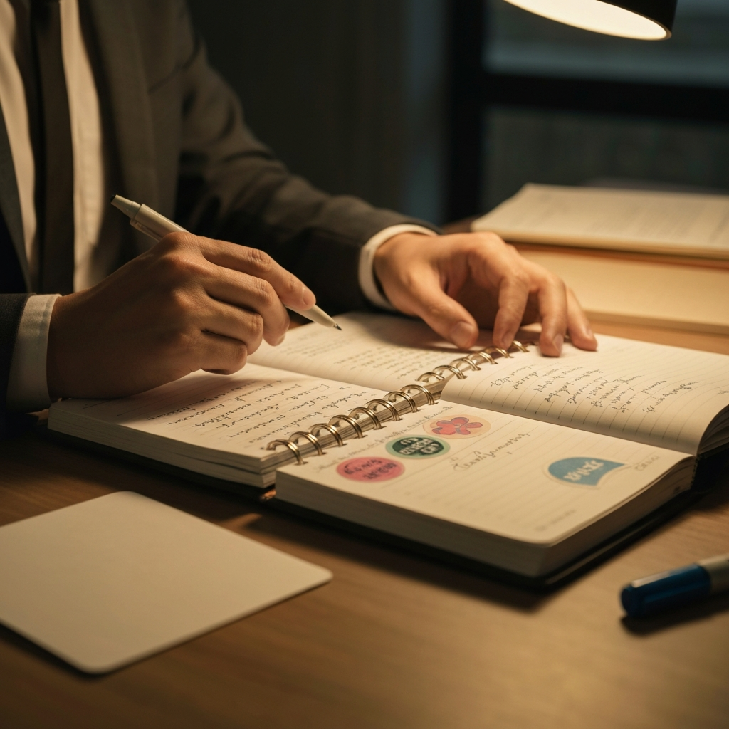 A close-up of a planner open on a desk, with handwritten notes, stickers, and colored markers. The lighting is warm and inviting, suggesting a comfortable and productive workspace.