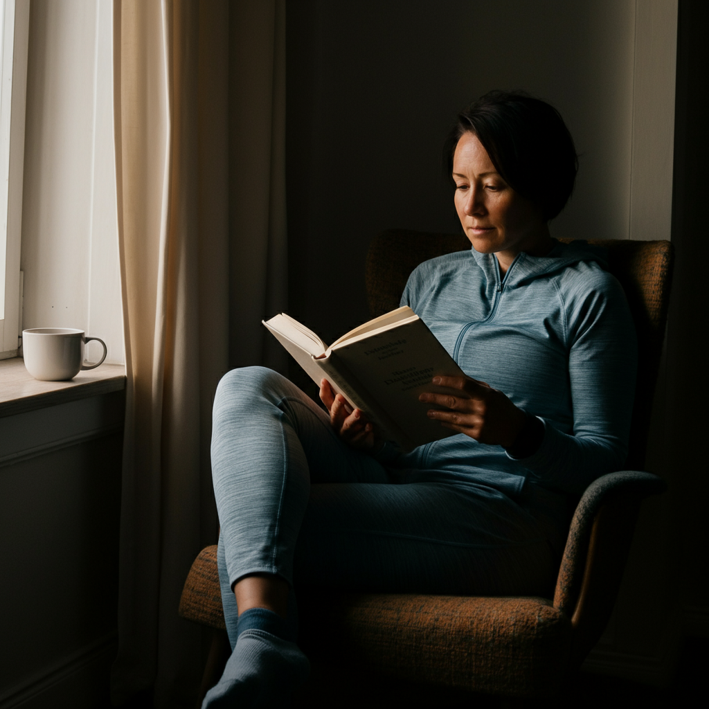 A person sitting in a cozy armchair by a window, reading a book with a thoughtful expression. Soft, natural light illuminates the page, and a cup of tea sits on a nearby table.