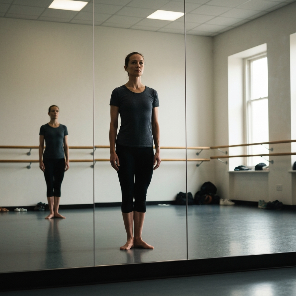 A medium shot of a person standing tall in a rehearsal studio, reflected in a mirror. The room is brightly lit with diffuse light, highlighting the person's posture and facial expression. The background includes ballet barres and scattered props.