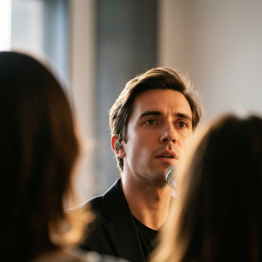 A close-up shot of a performer on stage, making direct eye contact with a member of the audience. The stage lights create a soft, warm glow on the performer's face, highlighting their expression. The background is blurred, focusing attention on the connection between the performer and audience.