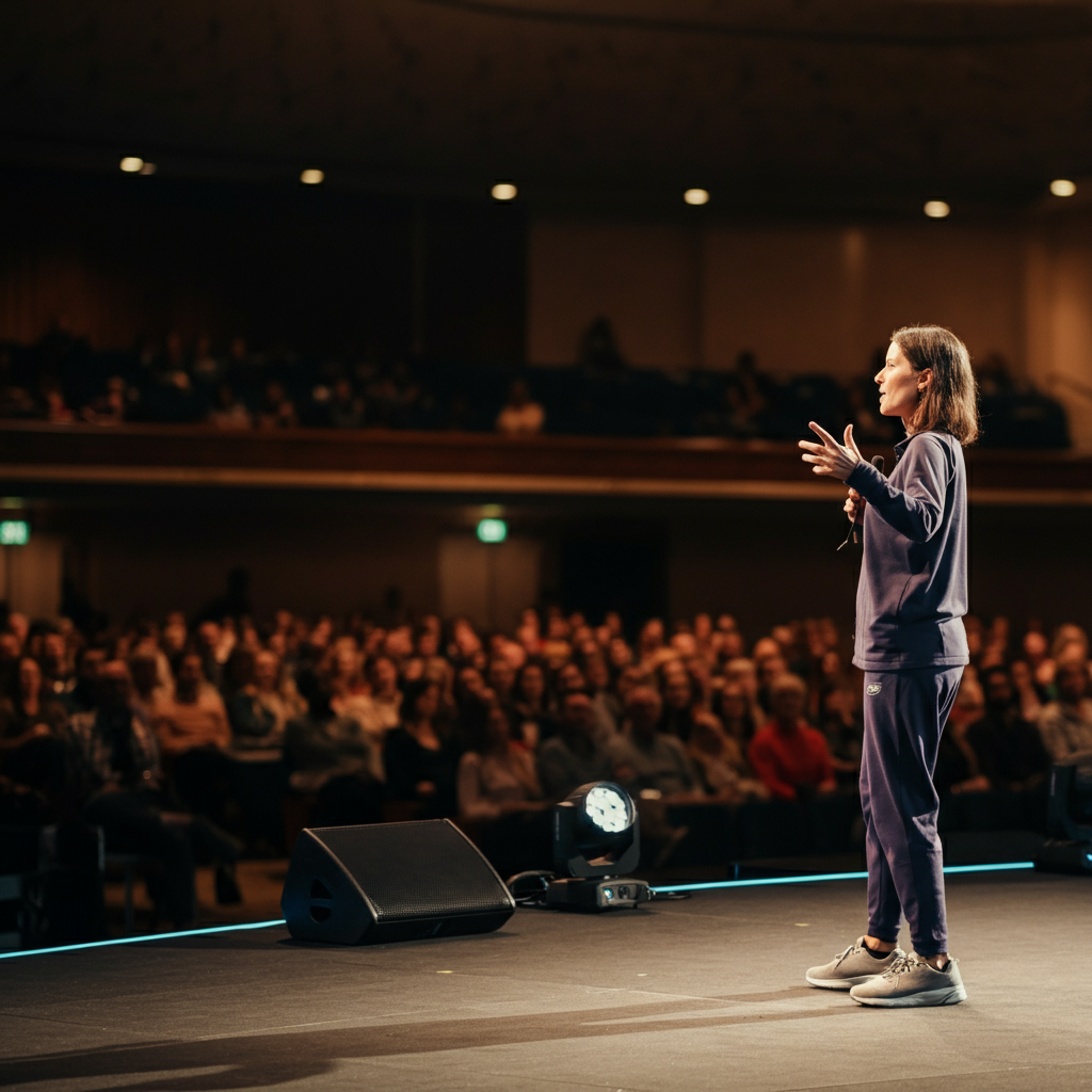 A wide shot of a speaker on a large stage, gesturing with their hands as they address the audience. The stage is well-lit, with spotlights highlighting the speaker. The background shows a large audience seated in rows.