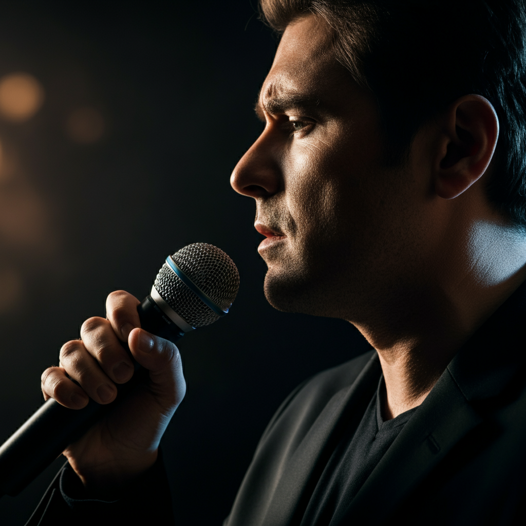 A side-lit, medium shot of a singer holding a microphone on stage. The light catches the texture of the microphone and the singer's focused expression. Soft bokeh in the background suggests a concert setting.