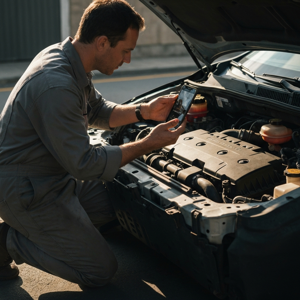 A person in well-worn but clean work clothes kneeling in front of a car engine bay, holding their smartphone to record a video of the engine running. The scene is lit by morning sunlight, creating soft shadows and highlighting the textures of the engine components. The engine bay is cluttered but reasonably clean.