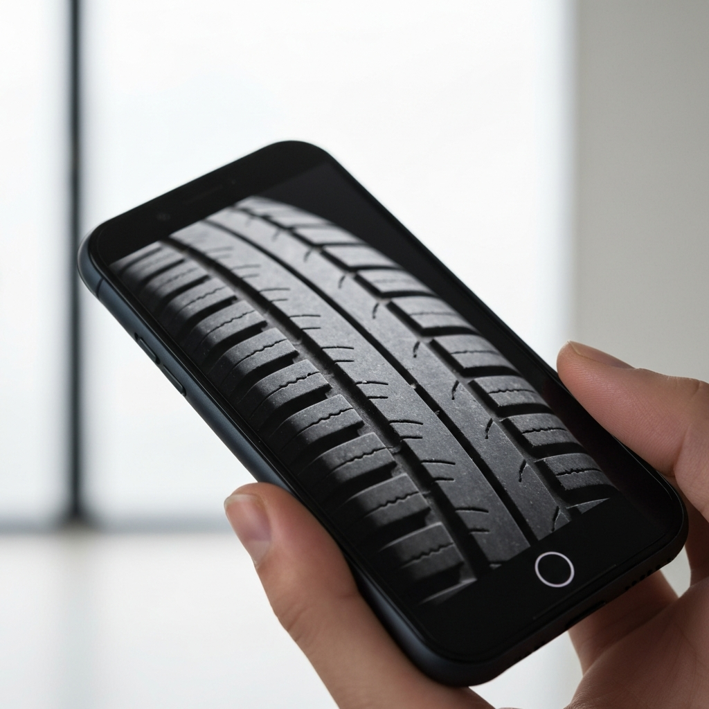 A close-up shot of a smartphone displaying a picture of a tire with worn tread. The lighting is slightly diffused, emphasizing the depth and texture of the tire grooves.