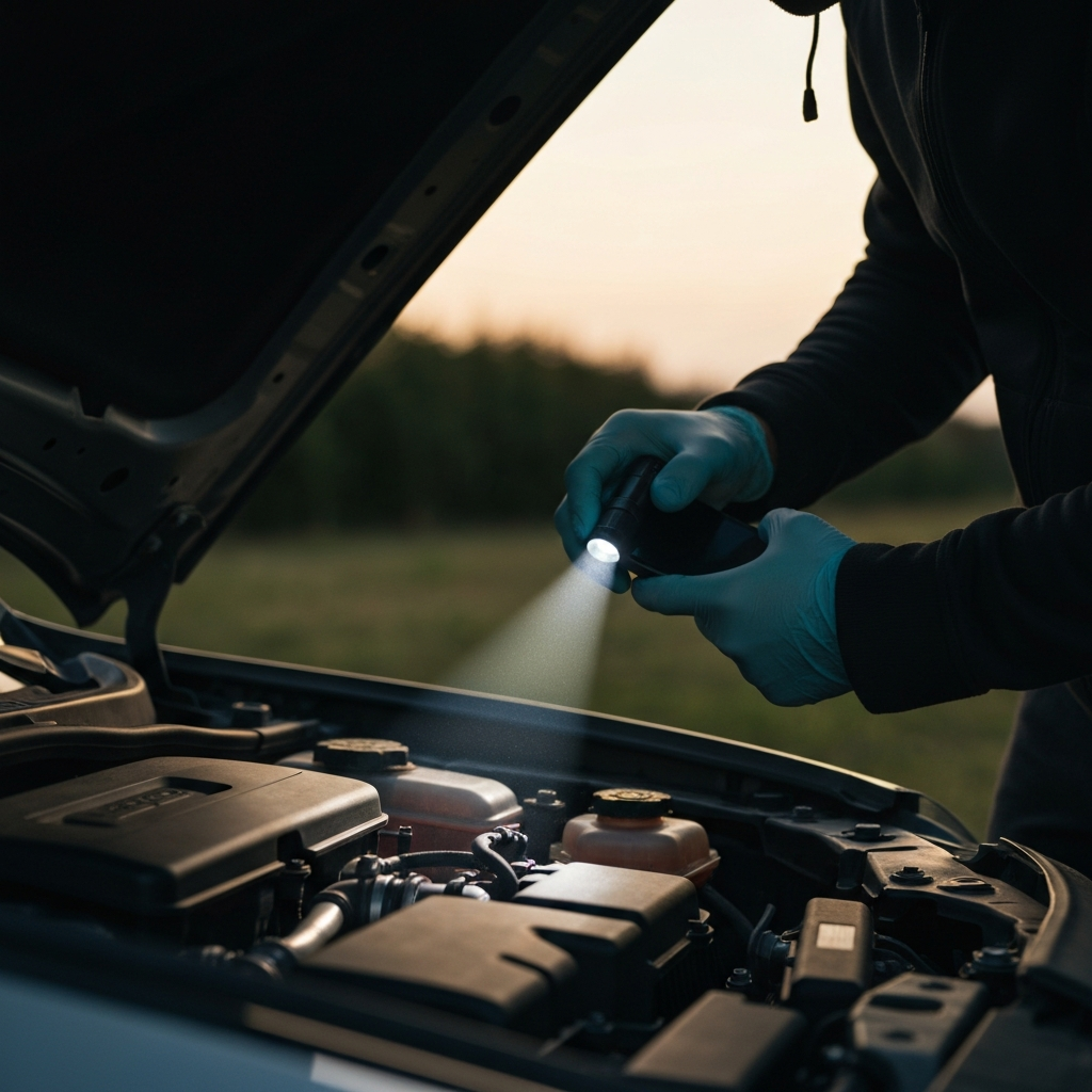 A person wearing nitrile gloves using their smartphone's flashlight to inspect the underside of a car hood. The lighting is dim, with the flashlight beam creating a dramatic contrast, highlighting the intricate details of the engine components.