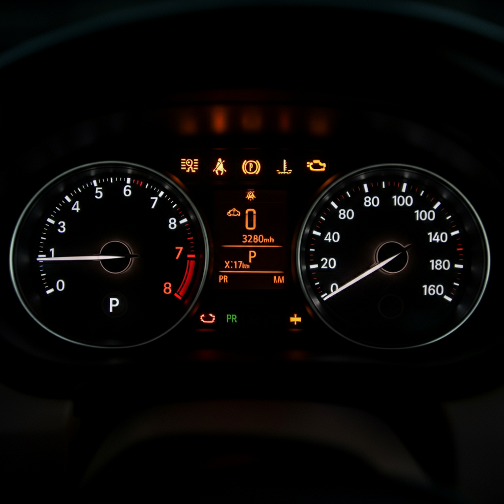 A close-up shot of a car dashboard, focusing on the instrument cluster with several warning lights illuminated. The scene is lit by the dashboard lights, creating a soft, modern glow.