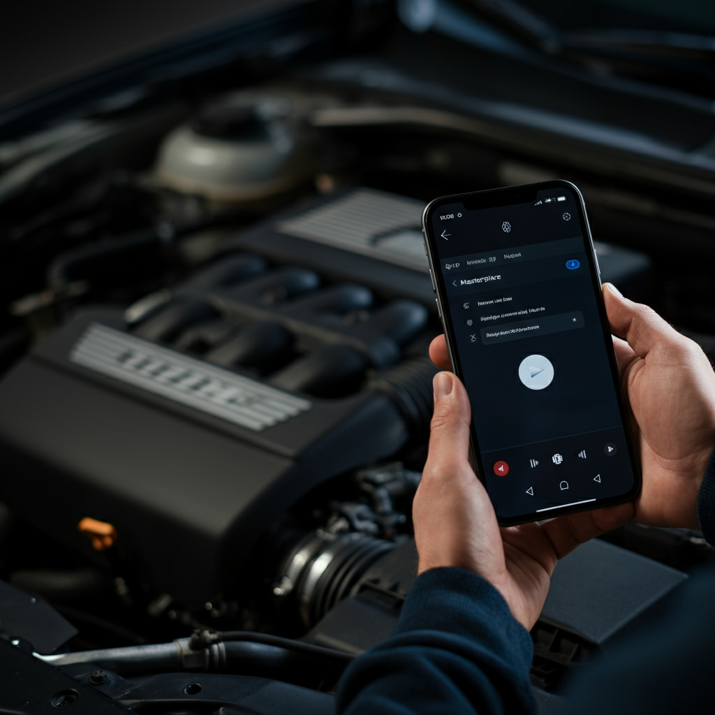 A smartphone held near a car engine, recording audio. The engine is idling, and the background is slightly blurred to focus on the phone and engine block. Soft bokeh in the background indicates a professional lens.