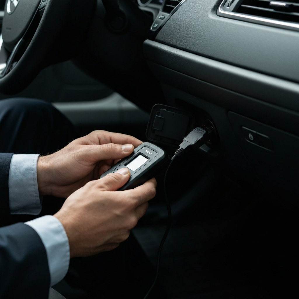 A person plugging a small, black OBDII scanner into the port beneath the steering wheel of a car. The scene is well-lit, showing the person's hands and the connection point clearly.