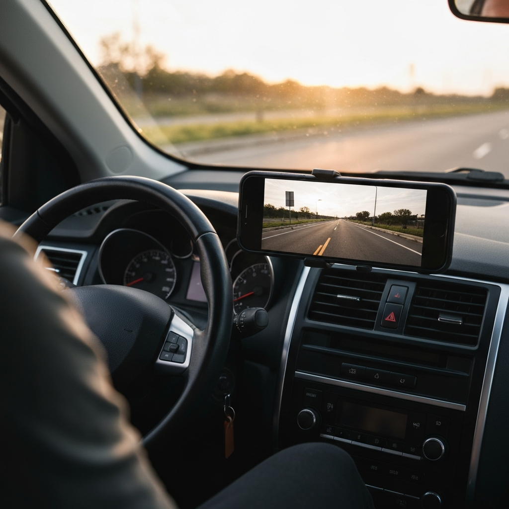 A smartphone mounted on the dashboard of a car, recording a video of the road ahead during a test drive. The perspective is from the driver's seat, showing the steering wheel and the road.