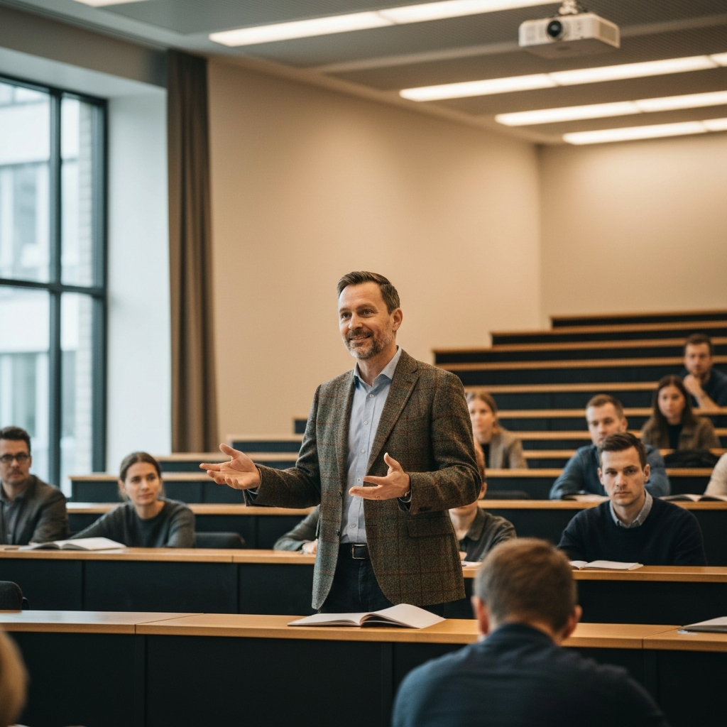 A professor stands in front of a lecture hall. He is gesturing with his hands, a slight smile on his face. The lighting is warm and inviting. He is dressed in tweed jacket and the students are attentive.