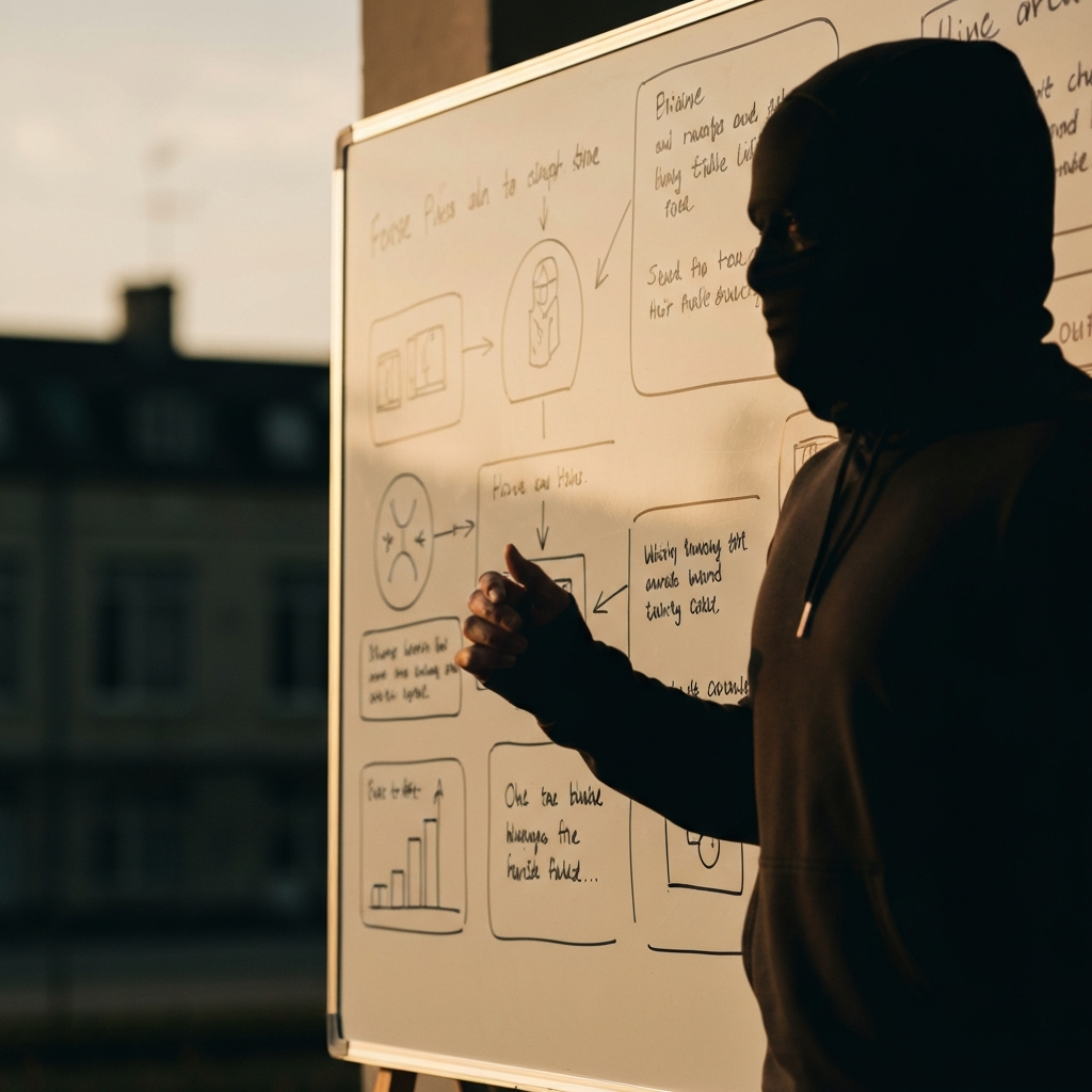 A close-up shot of a whiteboard covered in colorful diagrams and simple explanations. Soft, diffused light illuminates the board, highlighting the hand-drawn sketches.