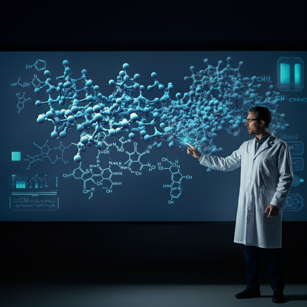A scientist stands in front of a holographic projection of a complex molecule. The lighting is cool and futuristic. The scientist is pointing at specific parts of the molecule, explaining its structure.