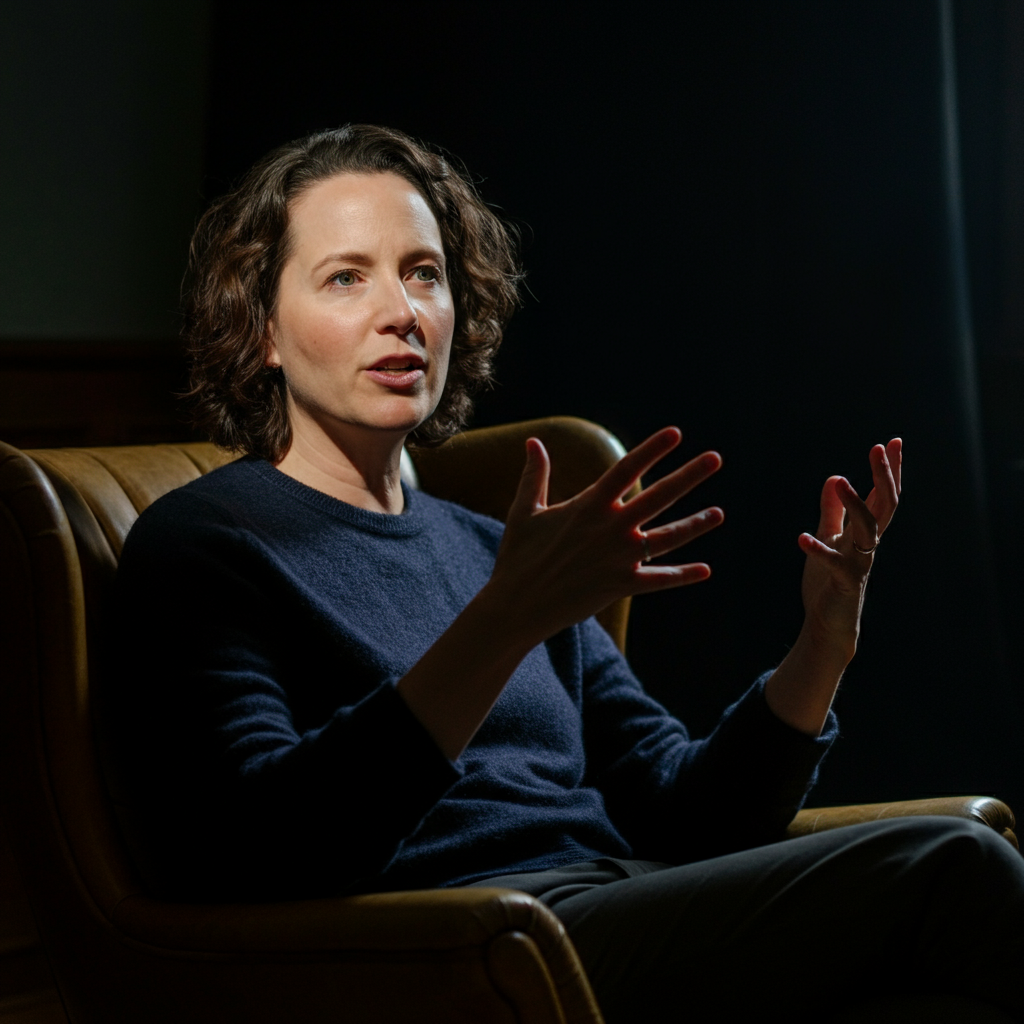 A storyteller sits on a comfortable armchair in a dimly lit room. Soft, warm light highlights their face as they gesture animatedly. The background is blurred, creating a sense of intimacy.