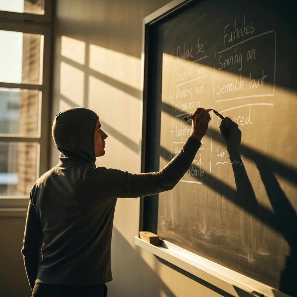 A teacher standing at the front of a classroom, writing key points on a chalkboard. Golden hour lighting streams through the windows, creating a warm and inviting atmosphere. The texture of the chalkboard is visible, with chalk dust highlighting the writing.