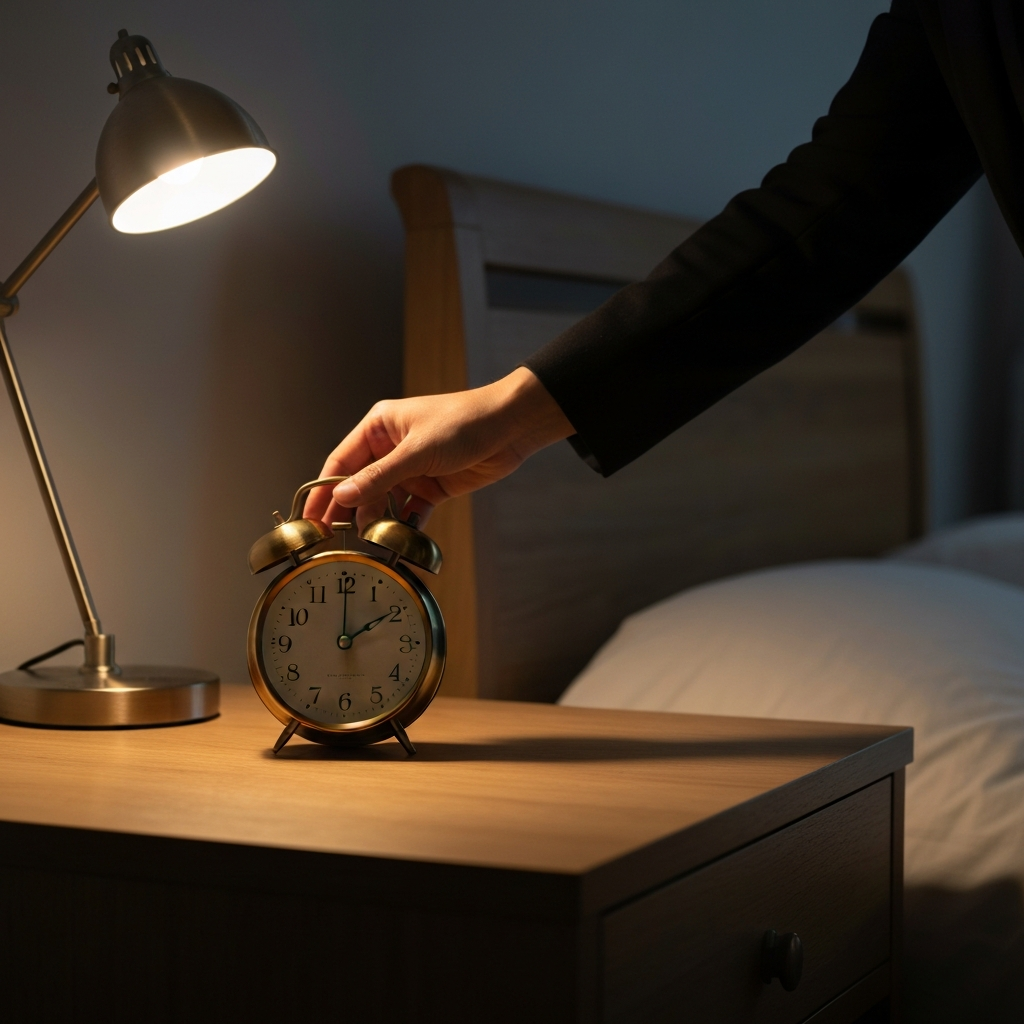A person setting an alarm clock on a bedside table. Soft, warm light from a nearby lamp illuminates the scene, casting gentle shadows on the wooden surface. The alarm clock is a classic analog model with a brass finish. 