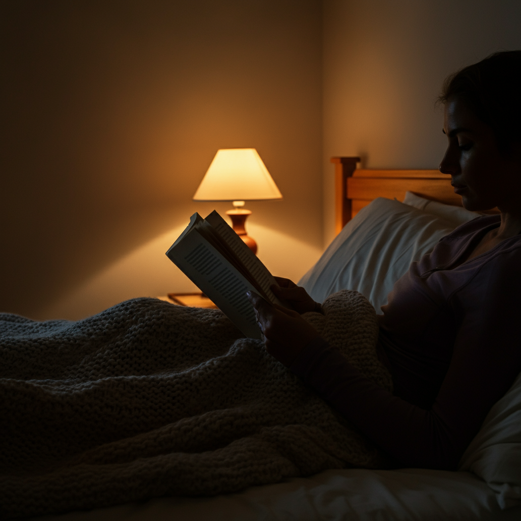 A person reading a book in bed, illuminated by a soft, warm bedside lamp. The scene is cozy and inviting, with a focus on textures like a knitted blanket and smooth wooden furniture.