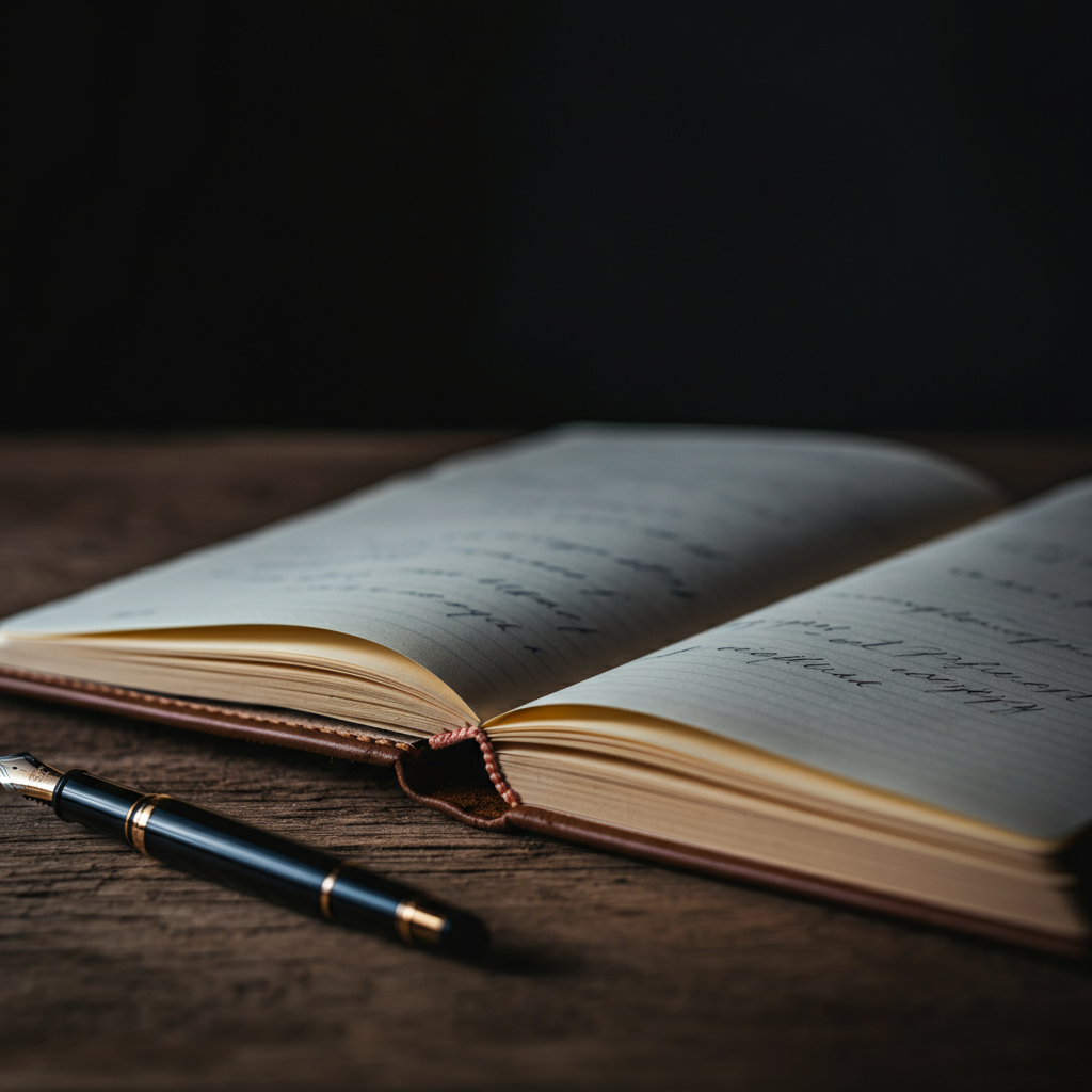 Close-up shot of a leather-bound journal lying open on a rustic wooden desk. Soft, diffused natural light illuminates the page with handwritten notes. A vintage fountain pen rests beside the journal.