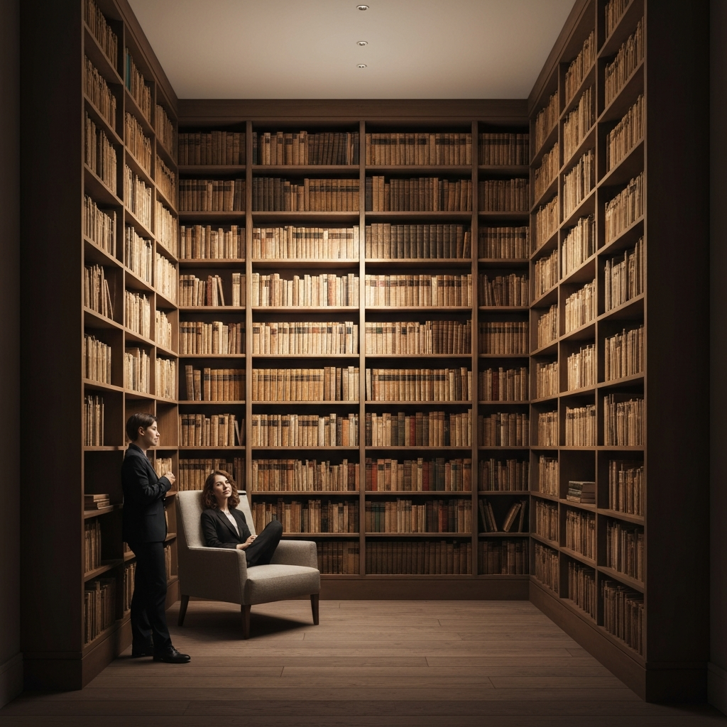 A cozy library with floor-to-ceiling bookshelves filled with aged books. Warm, inviting light filters through a large window, highlighting the textures of the book spines and creating a sense of scholarly tranquility. A single armchair sits invitingly.