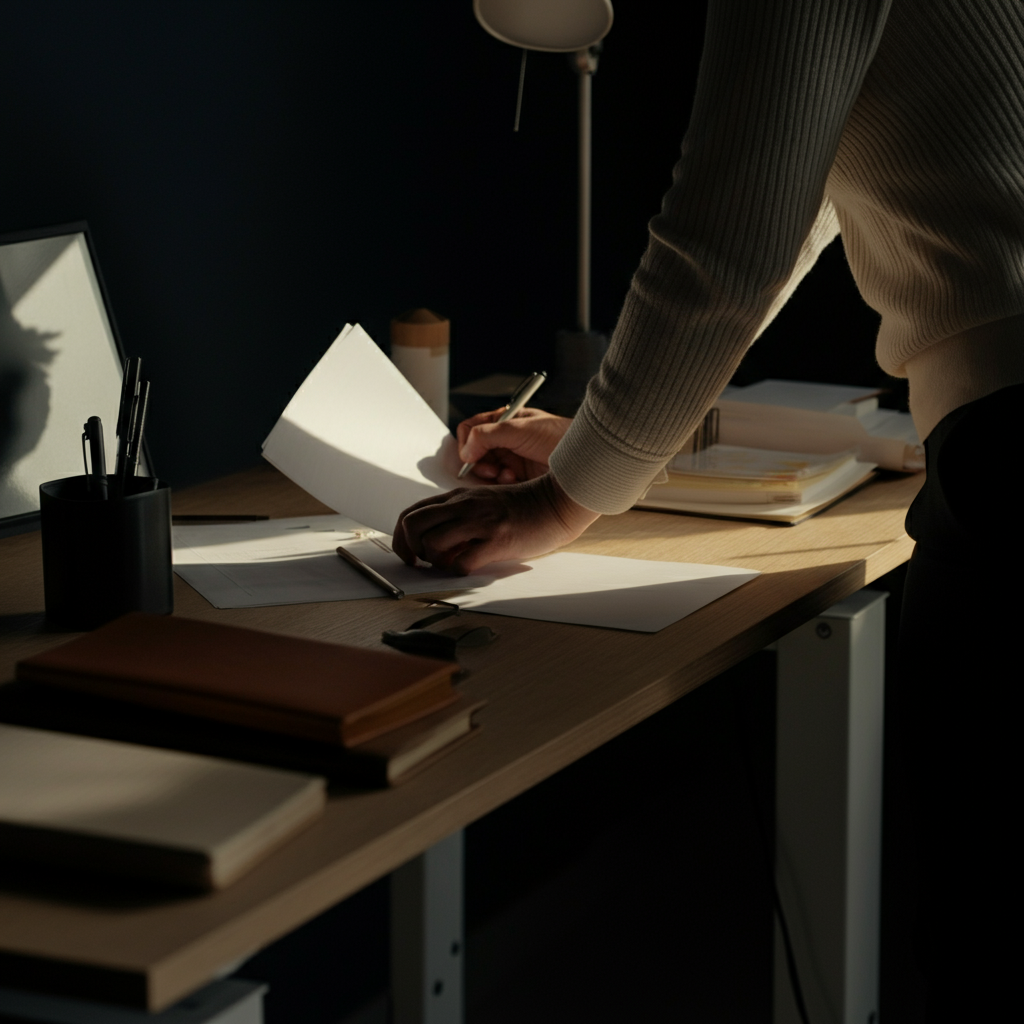 A sunlit office with a clean, minimalist design. A person is working at a standing desk, reviewing notes and documents. Soft bokeh creates a sense of calm and focus. Natural light streams in from a large window, highlighting the textures of the desk and surrounding objects.
