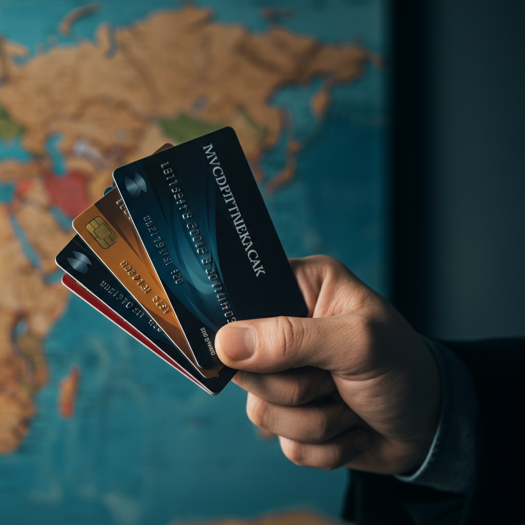 Close-up shot of a hand holding several credit cards against a blurred background of a world map. Soft, diffused lighting highlights the card details. 