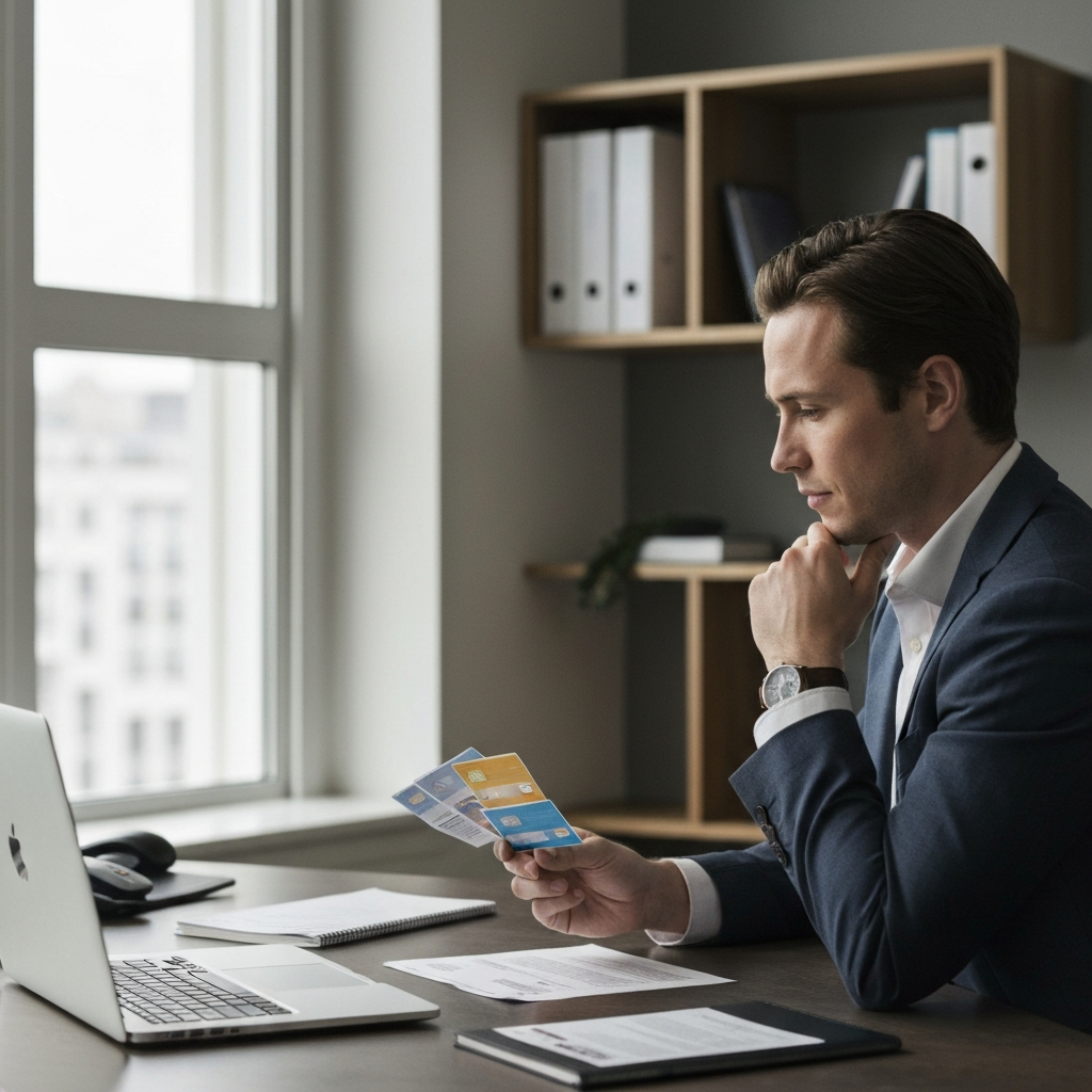 A well-lit office space. A person is seated at a desk, reviewing several credit card applications on a laptop screen. Their expression is thoughtful and focused. 