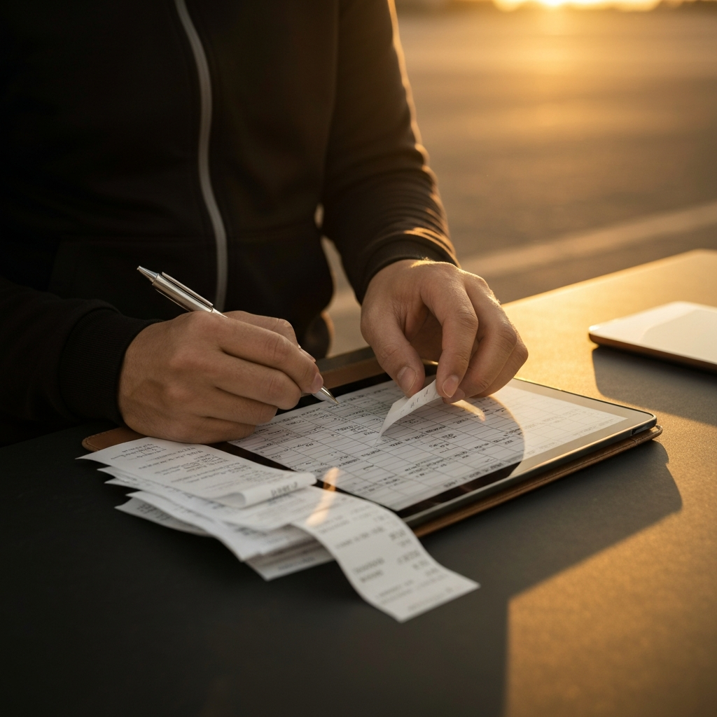 A person carefully organizing receipts and tracking spending using a budget spreadsheet on a tablet. Golden hour lighting casts a warm glow on the scene. 