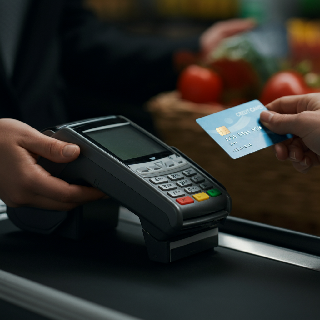 A person using a credit card to pay for groceries at a supermarket checkout. Focus is on the credit card and the point-of-sale terminal, with soft bokeh in the background. 