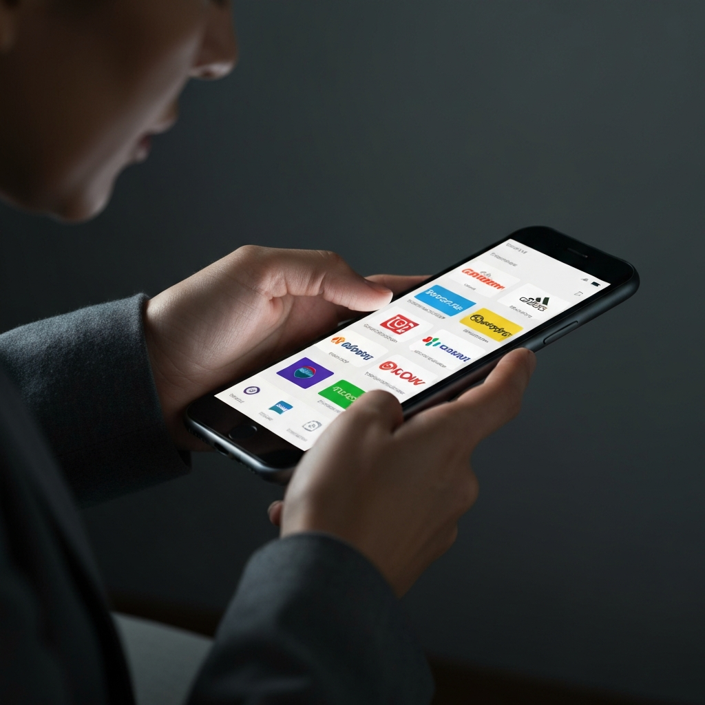 A person using a smartphone to browse an online shopping portal with various logos of well-known retailers displayed. The lighting is soft and even. 