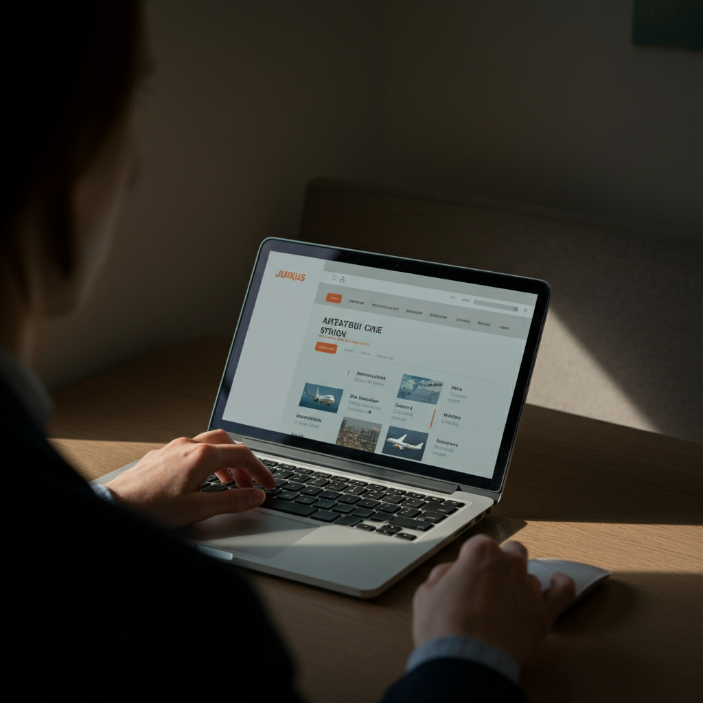 A person looking at a laptop screen displaying flight options on an airline website. The lighting is natural and diffused. 