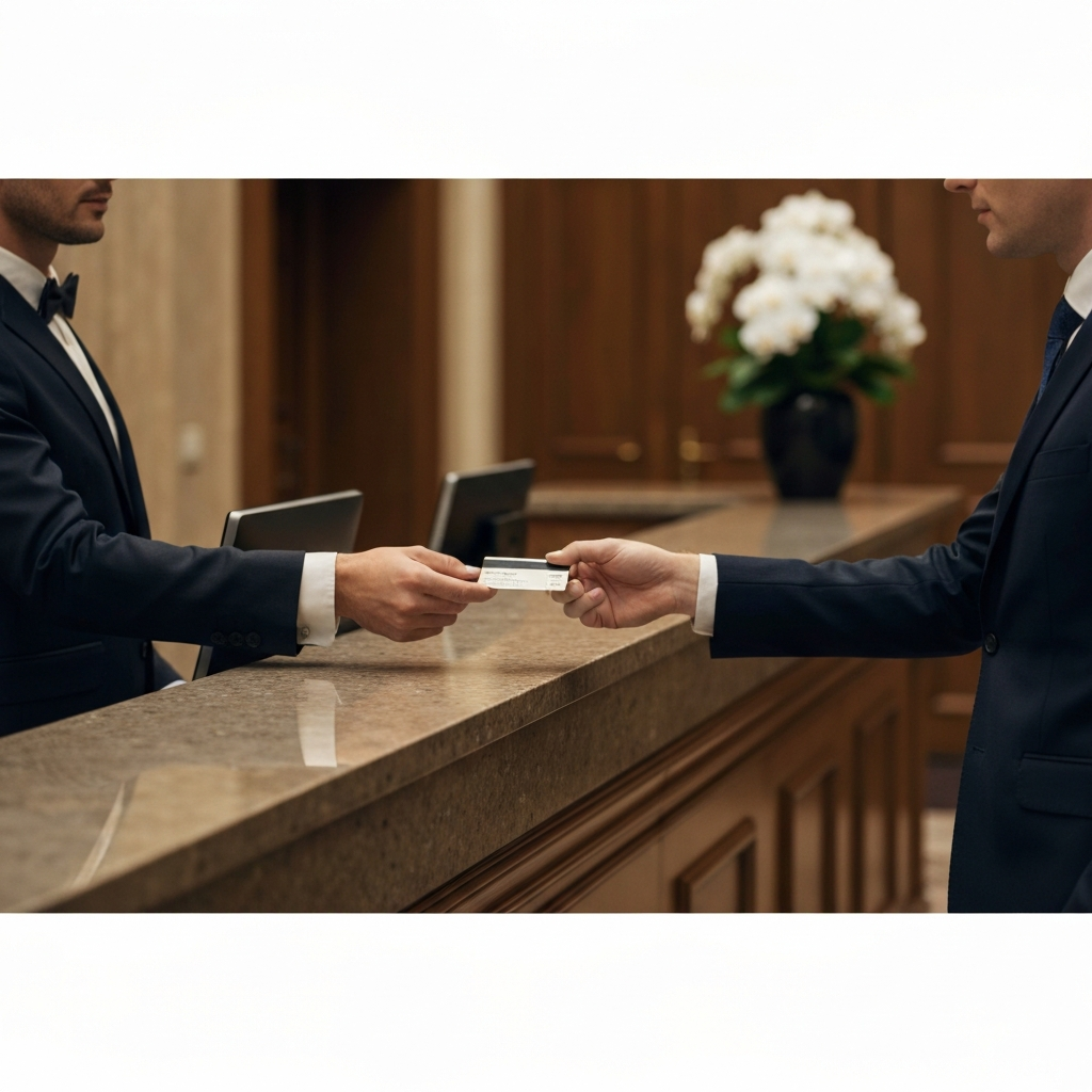 A person checking into a luxurious hotel, handing over their credit card at the front desk. Soft, warm lighting highlights the elegant lobby. 