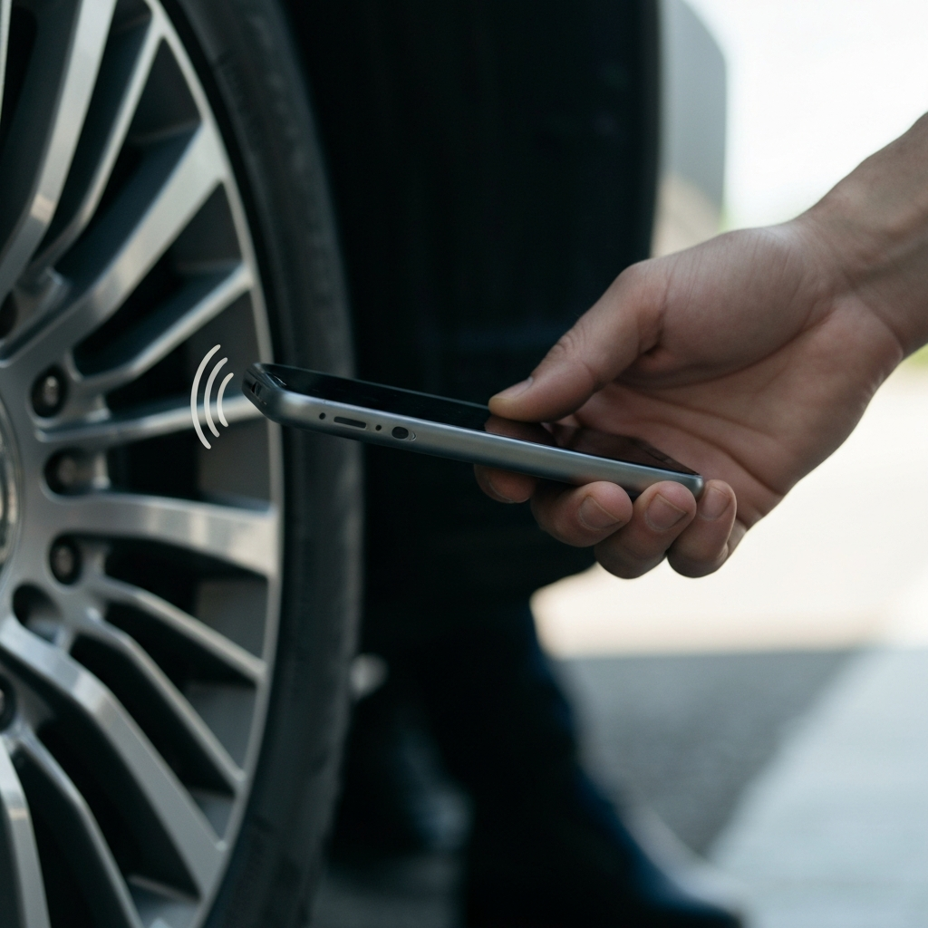Close-up of a hand holding a smartphone near a car wheel well, capturing audio. The lighting is diffused and natural, showcasing the textured tire and suspension components. Soft bokeh in the background highlights the depth of field.