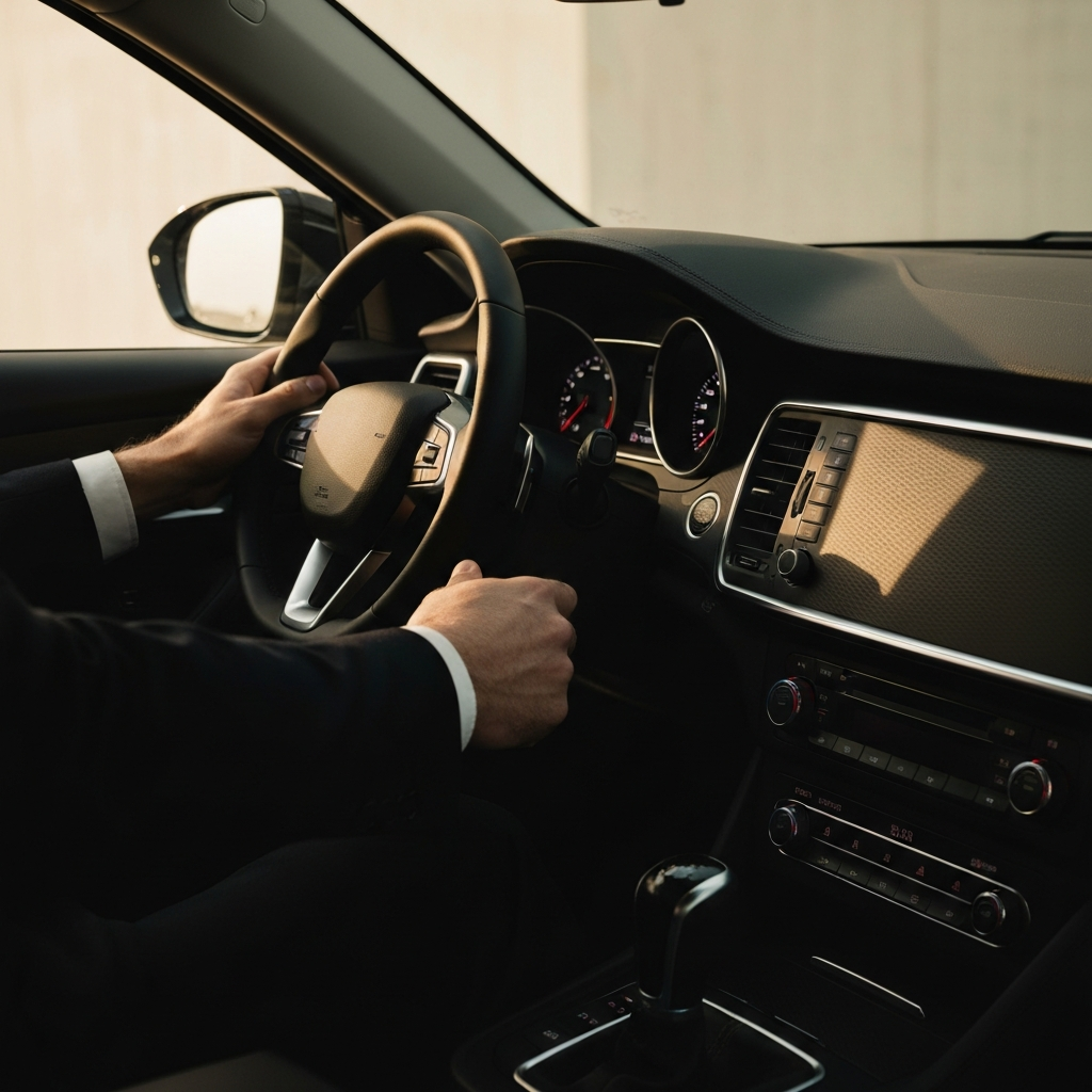 Interior shot of a car from the passenger seat, focusing on the dashboard and steering wheel. The driver's hands are visible, gently turning the wheel. Golden hour lighting casts warm shadows across the textured dashboard.
