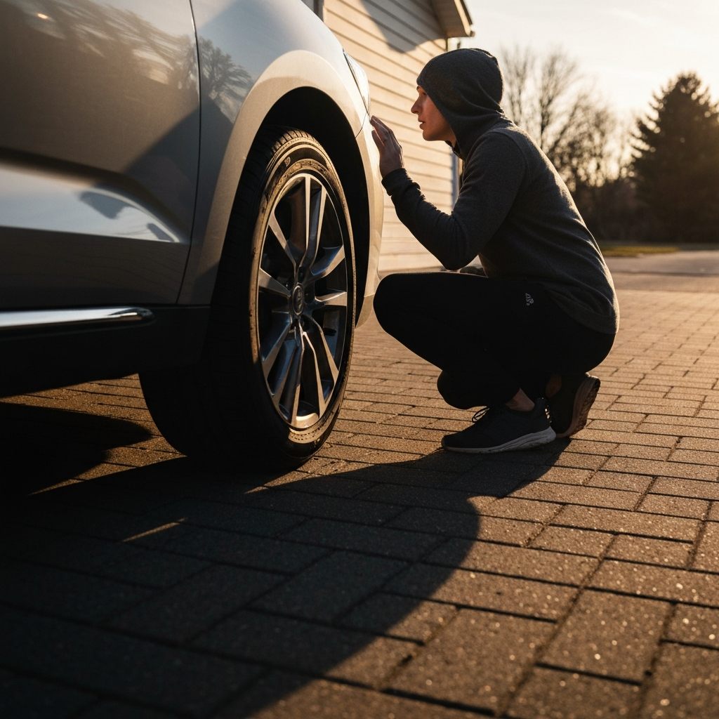 Side view of a car parked in a driveway, with a person kneeling beside the front wheel well, listening intently. The car is casting a long shadow, highlighting the textures of the pavement and tire.