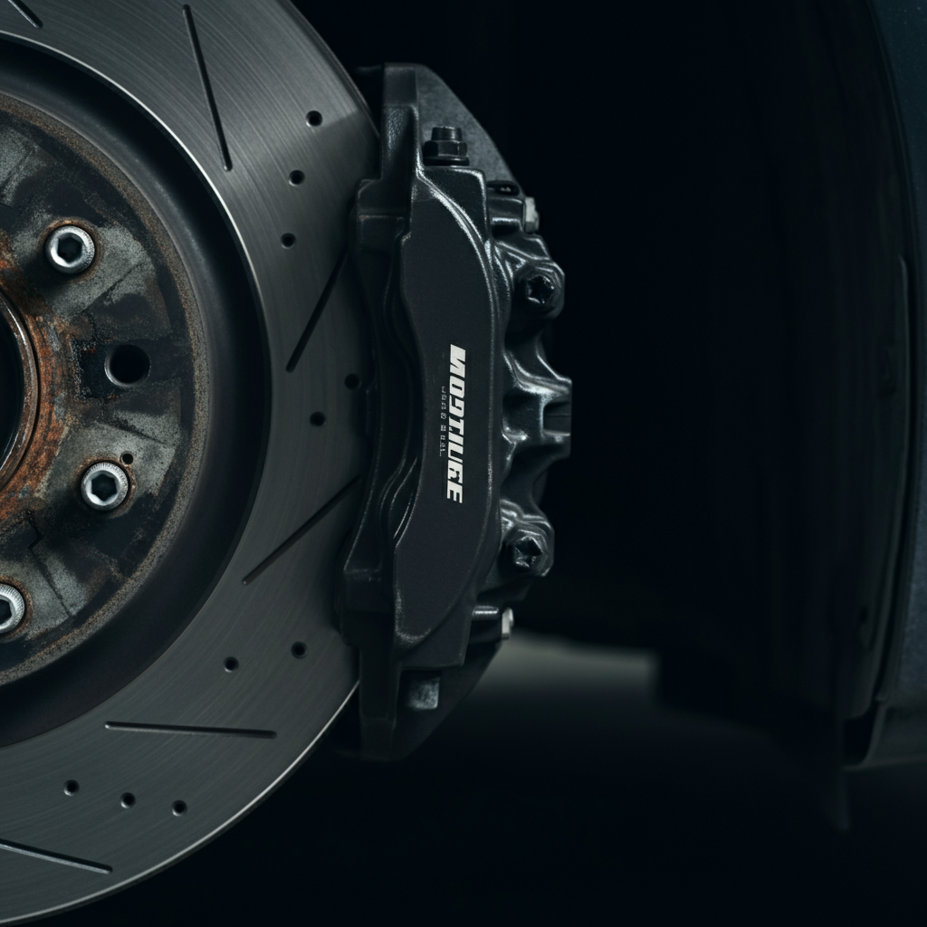 Close-up shot of a car wheel with the brake caliper and rotor visible. The focus is sharp on the brake pads and rotor surface, showing texture and wear. Soft, indirect lighting reveals the metallic details.