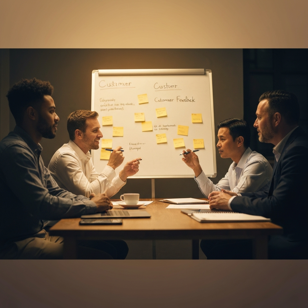 A small group of diverse individuals are sitting around a table, engaged in a lively discussion about a whiteboard filled with customer feedback notes, under warm, ambient light.