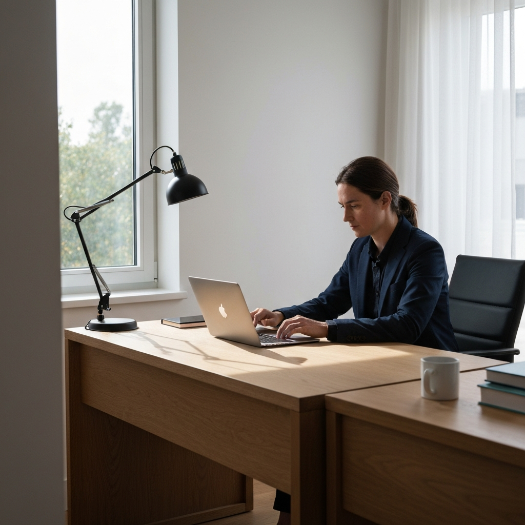 A person is working diligently at a clean, minimalist desk in a home office. Natural light is streaming through a window, highlighting the textures of the wooden desk and the focused expression on their face.