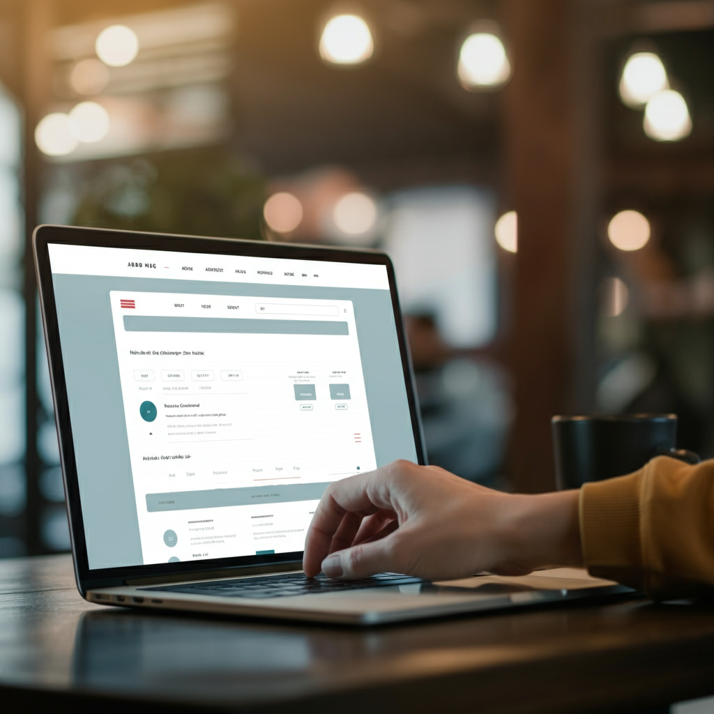 Close-up shot of a simple, functional website interface displayed on a laptop screen. Soft bokeh in the background suggests a busy co-working space.