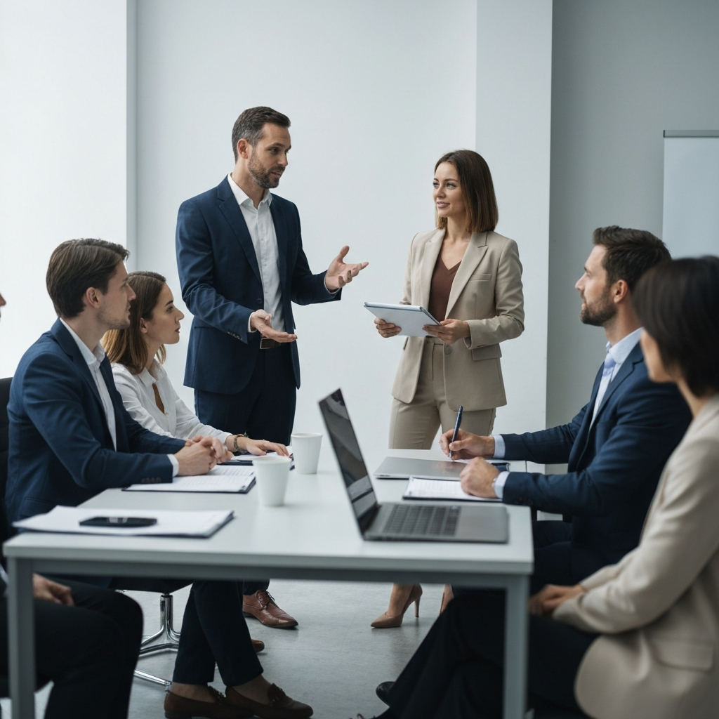 A consultant is leading a workshop for a small group of business owners. The room is well-lit and professional, with a focus on the interaction between the consultant and the participants.