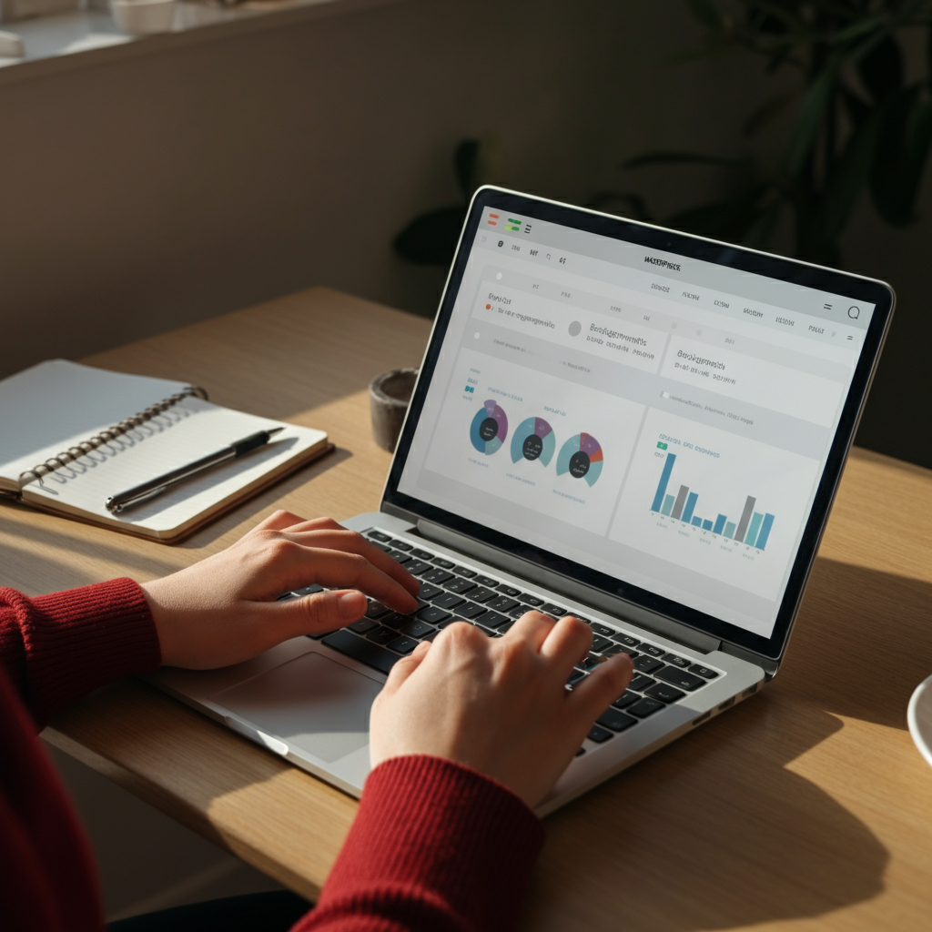 A person is typing on a laptop, surrounded by notes and research materials. The screen displays a social media analytics dashboard, showcasing engagement and reach. Sunlight softly illuminates the scene.