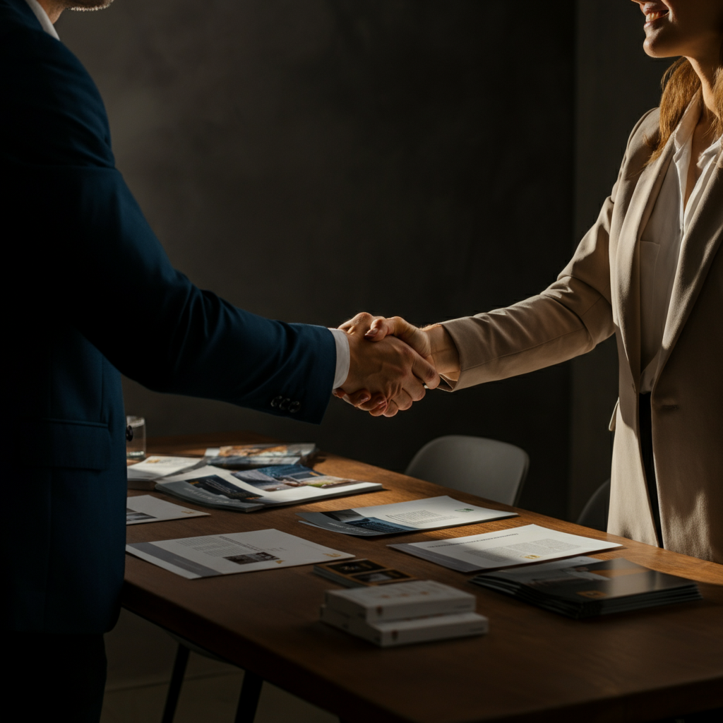 Two business owners shaking hands across a table covered with brochures and product samples. The lighting is warm and inviting, highlighting the professional attire and friendly atmosphere.