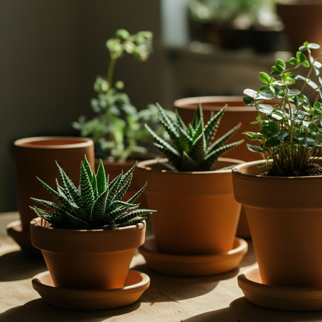 A close-up shot of various potted plants on a wooden table. Soft bokeh in the background emphasizes the terracotta and ceramic textures of the pots. Natural sunlight illuminates the scene from the side.